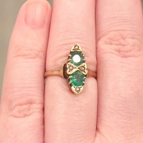 Antique Edwardian 10K Green Ring, Size 5.5, Rose Gold, Navette - Picture 5 of 17
